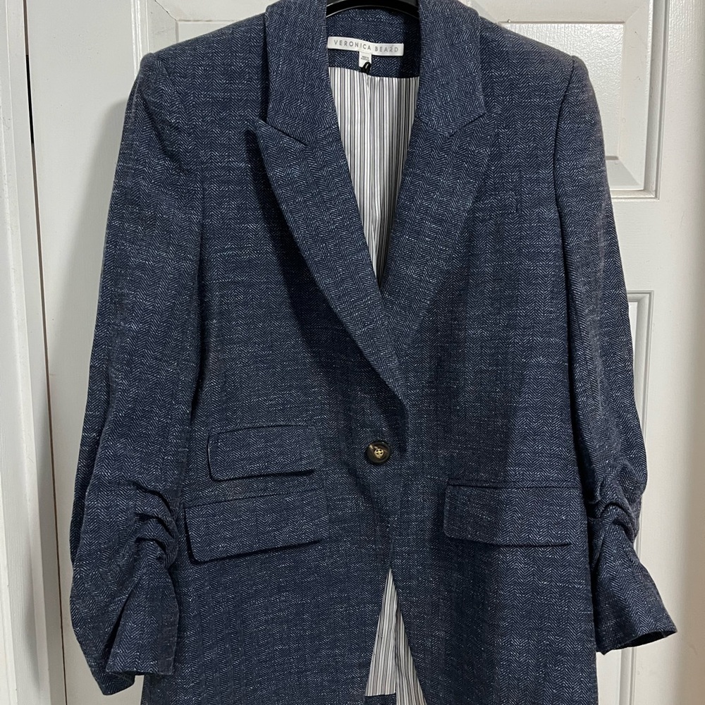 Veronica Beard Blue Blazer with Notched Lapels and Structured Shoulders